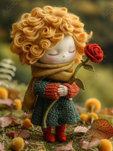 A doll with curly hair is holding a red rose. The doll is wearing a green jacket and a yellow scarf. The scene is set in a field with autumn leaves scattered around