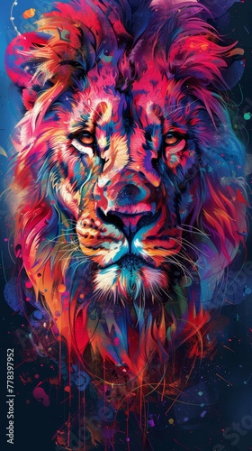 A colorful lion with a rainbow colored mane and a colorful face. The lion is the main focus of the image and is surrounded by a colorful background. The image has a vibrant and lively mood