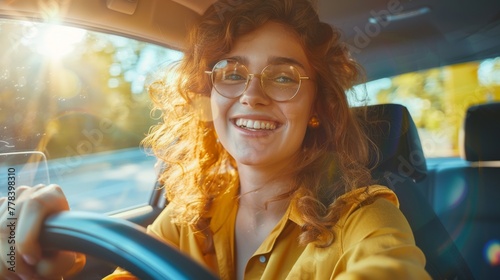 Joyful Woman Driving Her Car