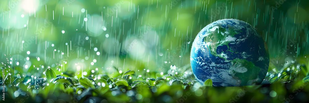 The earth planet under rain on a green background The earth planet under rain on a green background