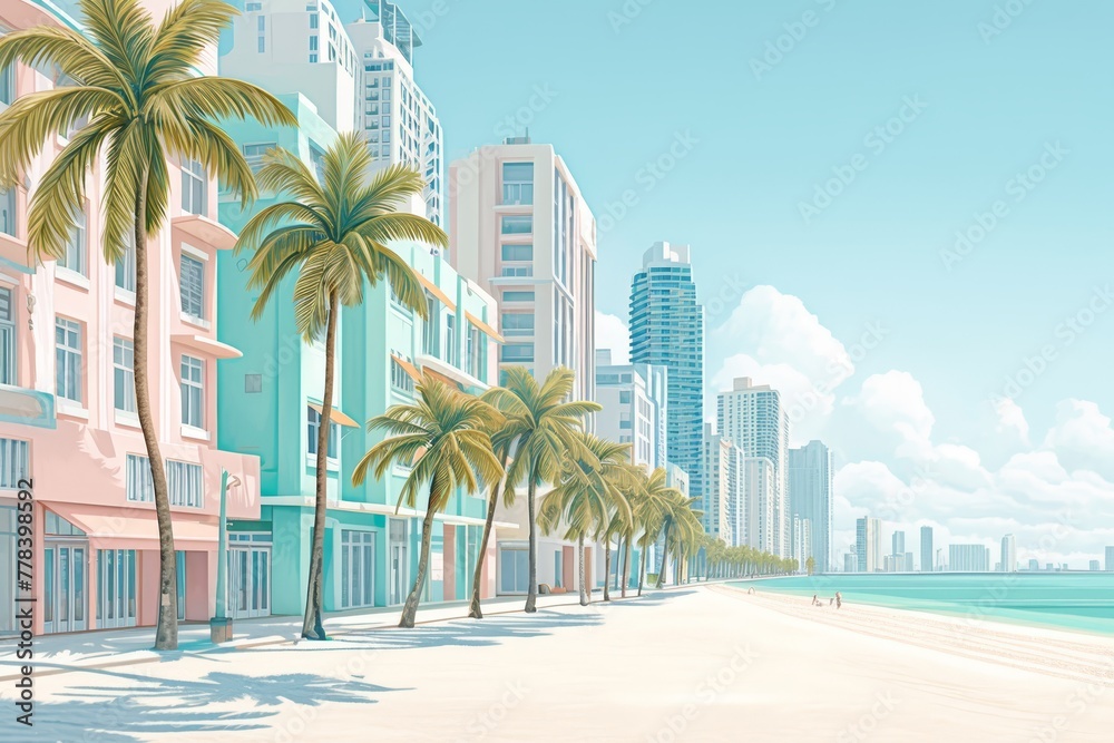 A art deco style photo of Miami Beach, pastel colors, palm trees and buildings