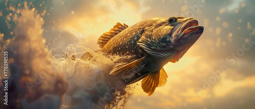 Fresh grouper fish jumping out of the water at Golden Hours time photo