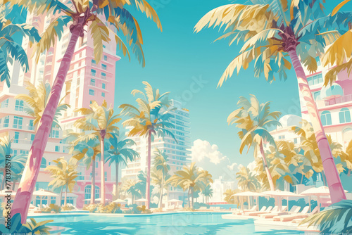 A art deco style photo of Miami Beach, pastel colors, palm trees and buildings, pink, teal and orange color palette photo