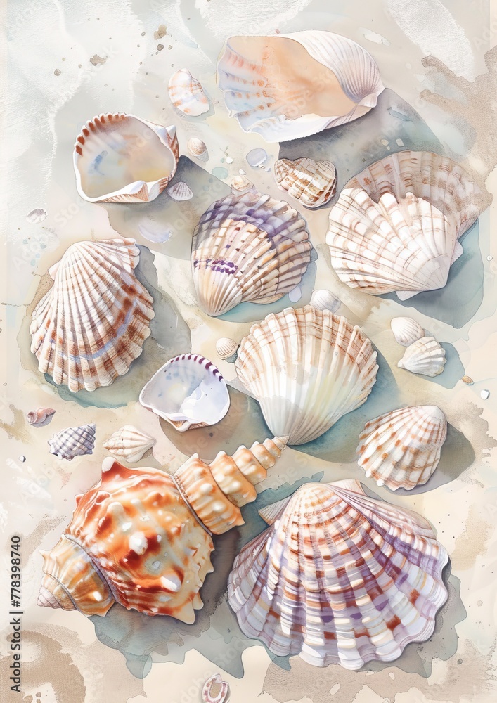 A collection of seashells depicted in a delicate watercolor painting A collection of seashells depicted in a delicate watercolor painting
