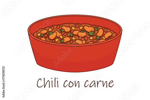 Traditional Mexican food with meat and beans chili con carne in a red bowl vector illustration isolated on white background. Cartoon flat Mexican cuisine
