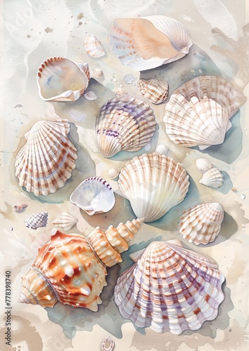 A collection of seashells depicted in a delicate watercolor painting
