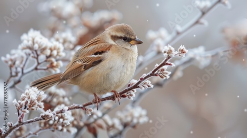 Sparrow perched on frost-covered branches in soft morning light
