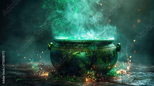 Green potion bubbling in a cauldron with magical sparks and smoke