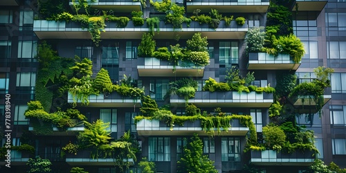 a building with plants on balconies