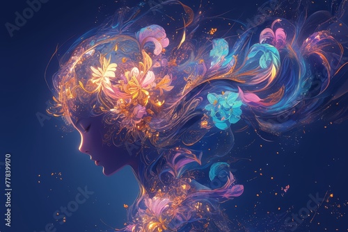 A beautiful woman's head with glowing colorful abstract floral design photo