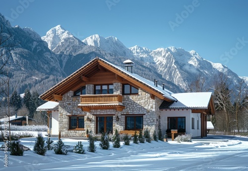 A house in the mountains with snow	
