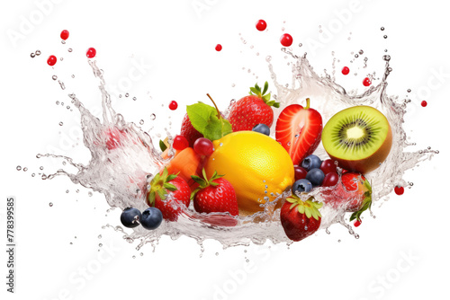 Fruity Splash Symphony  A Vibrant Array of Fruit Descends Into the Waters Embrace. White or PNG Transparent Background.