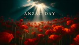 Anzac day background with the scene of a field of red poppies.
