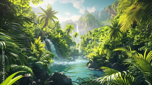 Explore breathtaking landscapes with our 3D illustration of a verdant island. Escape the ordinary and embark on an extraordinary off-road adventure amidst lush greenery. photo