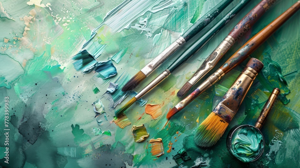 Fototapeta premium Contemporary art supplies on a gentle green watercolor background