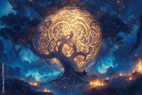 A circular Yggdrasil tree with roots, branches and leaves intertwined in intricate patterns