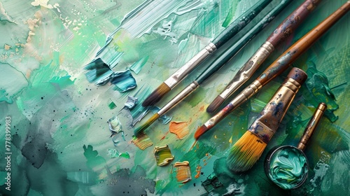 Contemporary art supplies on a gentle green watercolor background