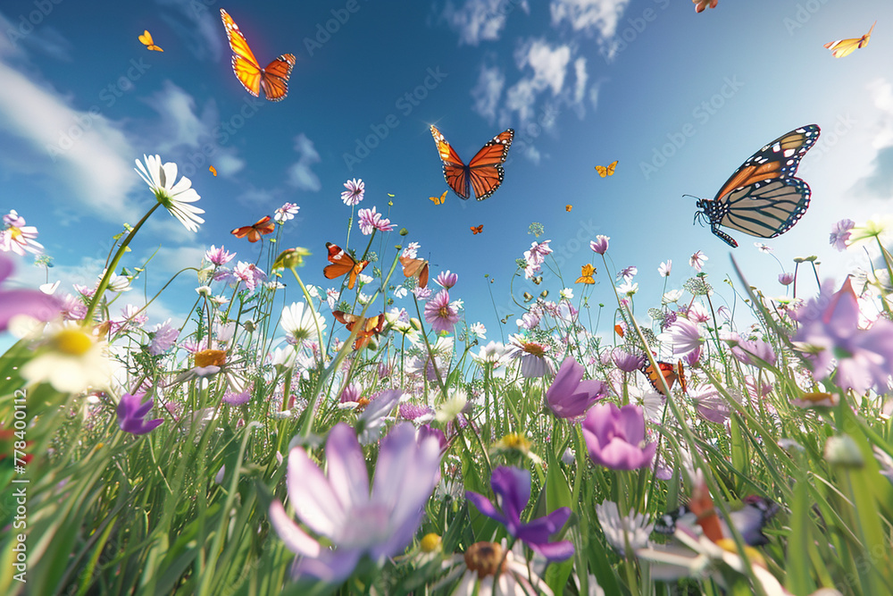 A vibrant, 3D-rendered field of wildflowers swaying in a realistic ...