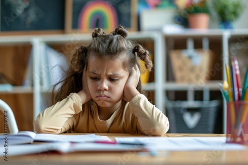 A young girl is sitting at a desk with her head down and her hands on her ears