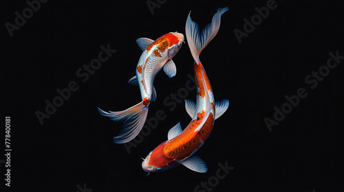 Top View Koi fish swimming on black background