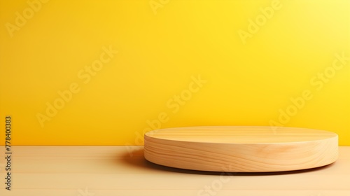 Close up of a round wooden Pedestal for Product Presentation. Empty yellow Showroom