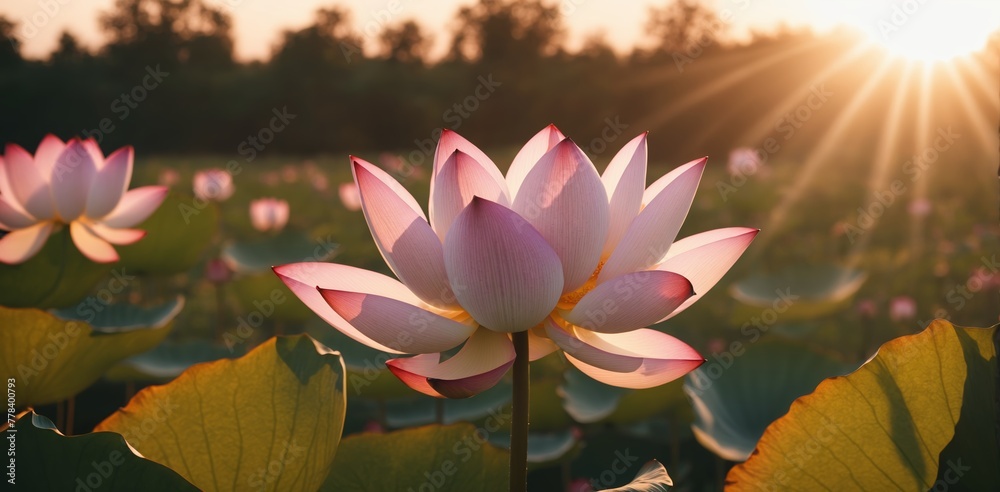 Lotus flower blooming in the pond at sunset, Thailand.