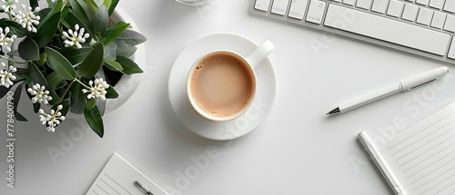 Clean Workspace Elegance: Coffee & Creativity Flow. Concept Workspace Organization, Productivity Tips, Creative Coffee Breaks