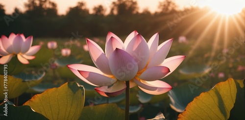 Lotus flower blooming in the pond at sunset  Thailand.