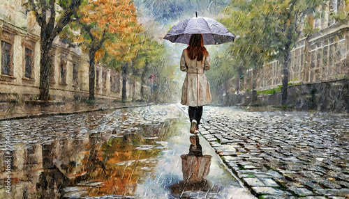 A woman with a blue umbrella in her hand moves away from the viewer on a rain-soaked cobbled street lined with colourful autumn trees. Reflections of rainwater on the cobbled street.AI generated. © Czintos Ödön