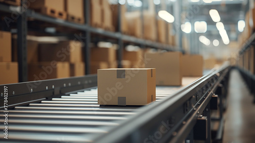 A cardboard box moves along a conveyor belt in a modern warehouse