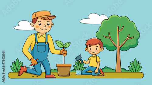father and son planting a tree vector illustration