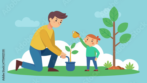 father and son planting a tree vector illustration