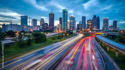 a highway with a city skyline in the background