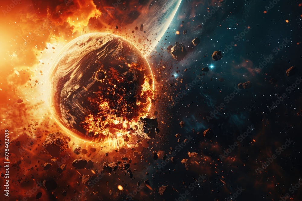 Fototapeta premium Apocalyptic Earth Explosion. Planet Shattering in Half due to Meteor Strike and Outer Space Explosions, Armageddon Astrology