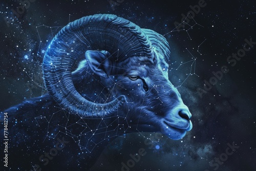 Aries Zodiac Sign in Beautiful Night Sky Abstract Background with Blue Constellations. Perfect for Astrological and Astronomical Concepts