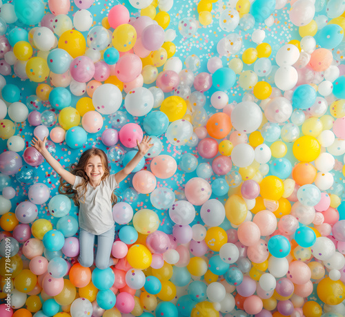 A happy little girl in an overhead shot, with a big smile and open arms among a bunch of colorful balloons and confetti with space for text. Illustration for birthdays, mother's day, celebrations...