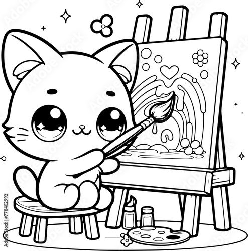 Chat style kawaïï dessin au trait, isolé, idéal pour conception page de livre de coloriage pour enfant ou adulte. Chaton artiste fait de la peinture 