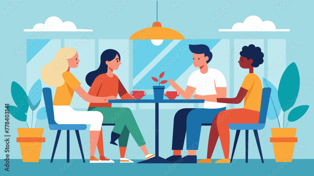  friends are sitting at a table vector illustration