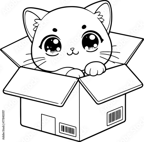 Chat style kawaïï dessin au trait, isolé, idéal pour conception page de livre de coloriage pour enfant ou adulte.. Chat content qui sort d'un carton. 