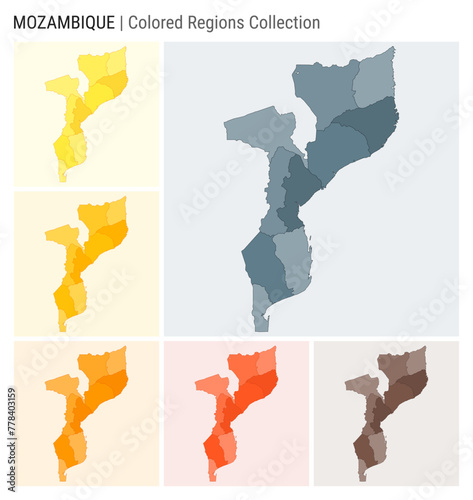 Mozambique map collection. Country shape with colored regions. Blue Grey, Yellow, Amber, Orange, Deep Orange, Brown color palettes. Border of Mozambique with provinces for your infographic. photo