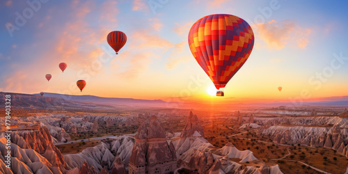 hot air balloons float over a rugged landscape at dawn © Александр Марченко