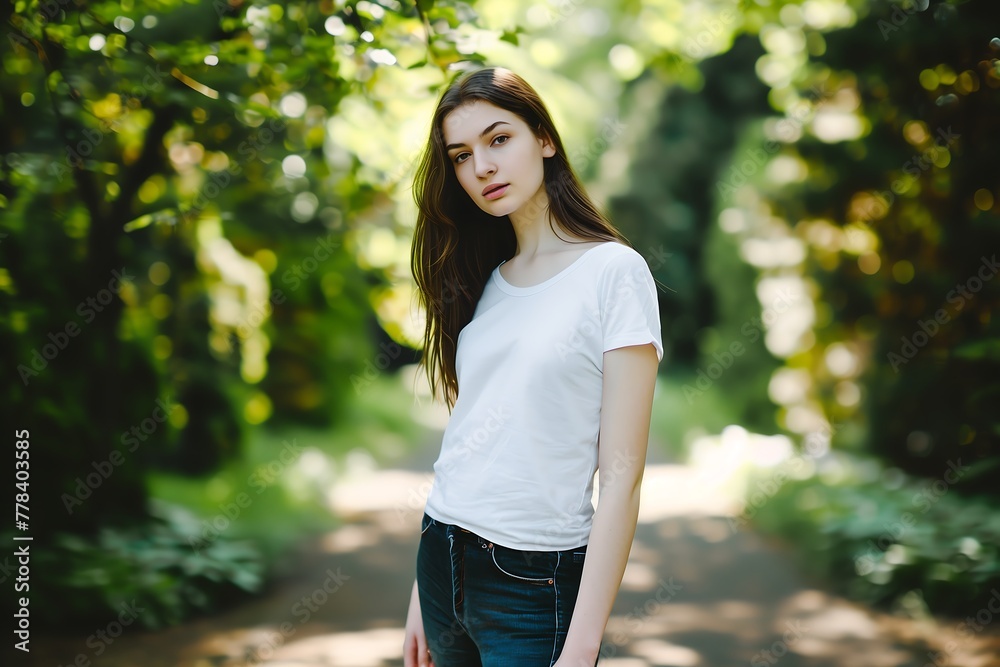 beautiful young woman with brown hair wearing oversized plain white T-shirt standing in a path garden