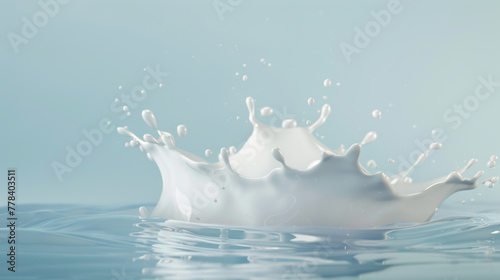 Milk splashes dynamically against a blue background  creating a crown-like shape and droplets in the air.