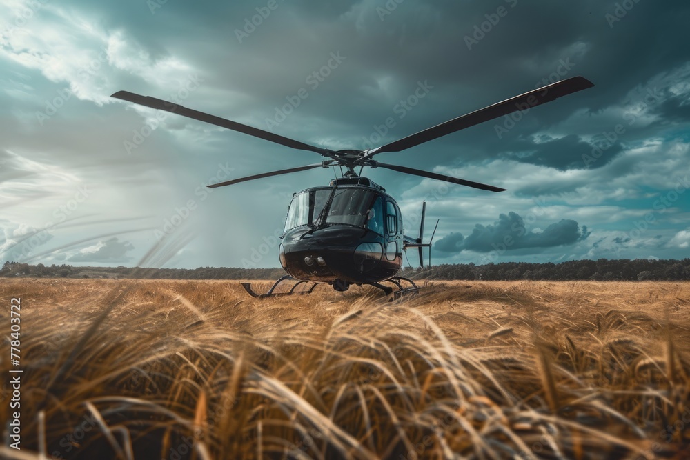 Black Helicopter Flying over Summer Field in Aerospace Industry. Air Show Engine on Airfield with Sky and Grass - obrazy, fototapety, plakaty 