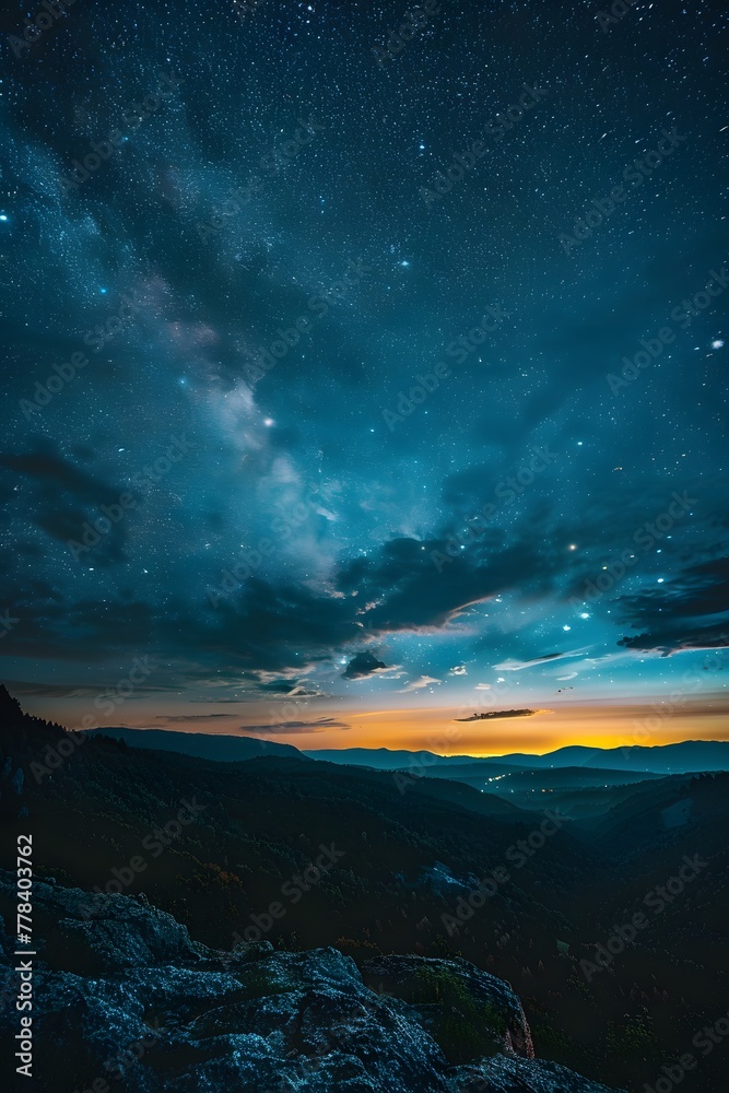 a landscape of a mountain range with stars in the sky