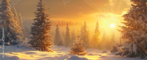a snowy landscape with trees and a sunset