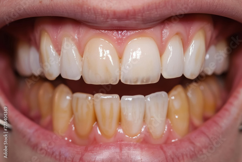 Close-up view of variously stained adult teeth with visible dental plaque.
