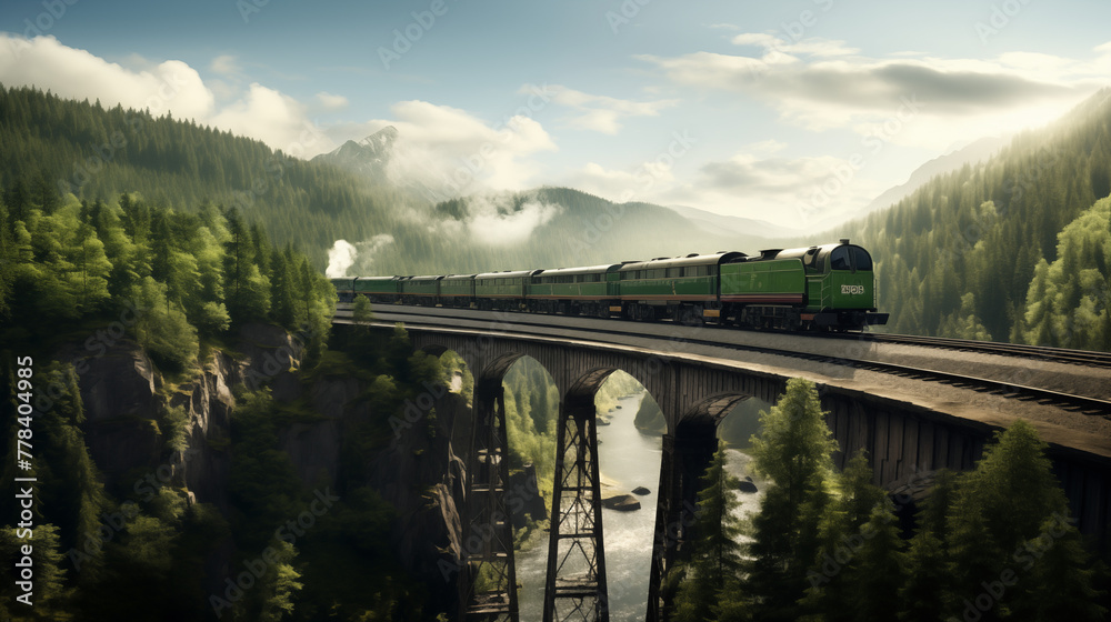 bridge over the river, A symphony of green and steel: the train glides across a trestle bridge, connecting distant valleys. Nature applauds this sustainable passage