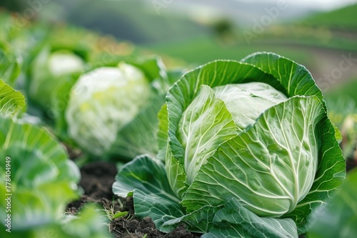 Cabbage Growing in Organic Farm Field. Close-up of Lush Green Cabbage Leaves in Fertile Soil, Ripe for Harvesting as Fresh Vegetable Food