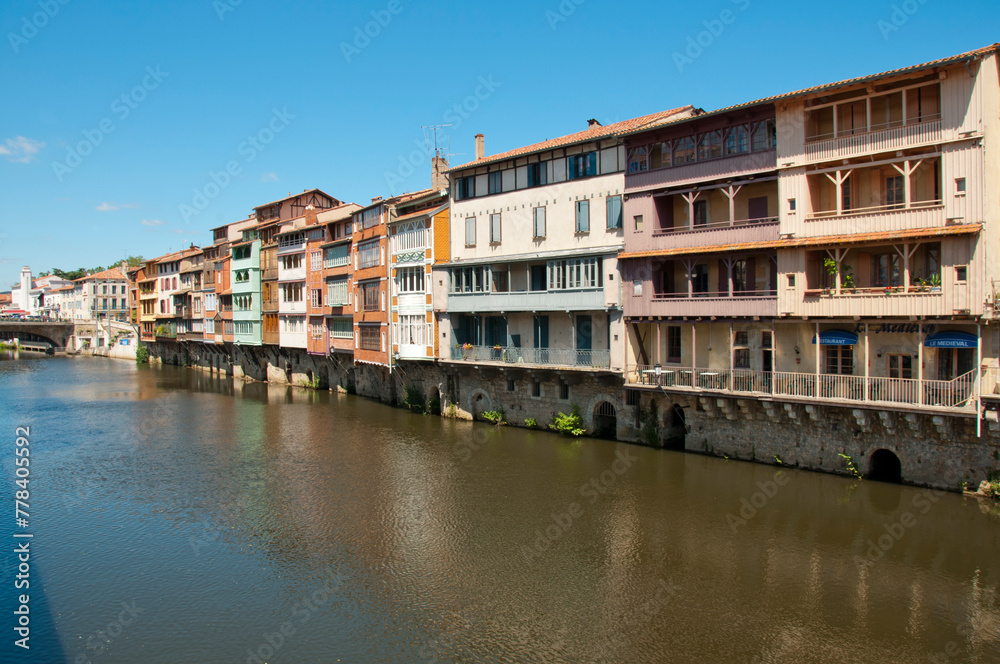 Old coloured houses on the River Agout, Castres Languedoc Roussillon France